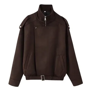 Women Vintage Faux Suede Biker Jacket Retro Lapel Zipper Short Coat Streetwear Casual Workwear Autumn Winter Outwear