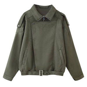 Women's vintage olive green biker jacket with lapels and belted hem on white background