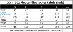 Size chart table for women's knit velvet bomber jacket with XS to XL measurements