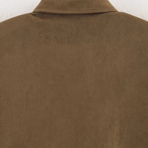 Front view of a brown suede shirt jacket for women with high-quality seam texture