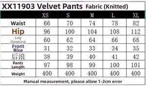 Size chart for women knitted velvet trousers with waist and length measurements in cm