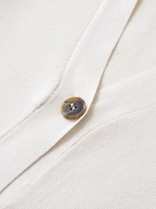 Detailed close-up of a brown tortoiseshell button on a cream-colored knit cardigan