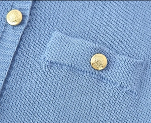 Macro shot of light blue knit texture and golden embossed crest buttons on the dress