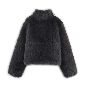 Manteau élégant en fausse fourrure gris foncé avec col montant et texture épaisse