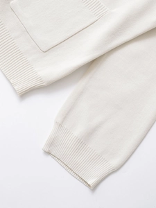Detailed view of cream-colored knit cardigan showing ribbed cuffs and pocket texture