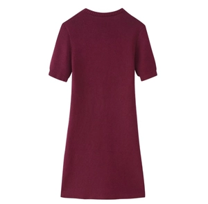 Detail of ribbed cuffs and collar on wine red knit short sleeve A-line dress