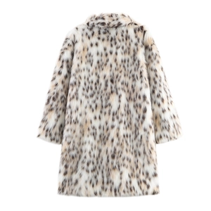 Women's leopard print faux fur coat in white and brown with a stylish long silhouette