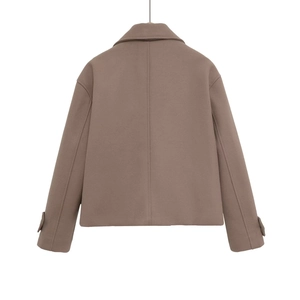 Back view of a cropped brown wool blend jacket featuring drop shoulders and cuff straps