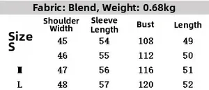 Size chart showing XS to L measurements for faux fur short coat with blend fabric details
