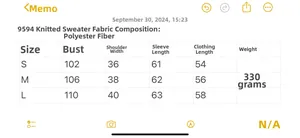 Size chart table for women color block knit sweater showing measurements from S to L size
