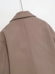 Close-up of a wool coat back collar showing fine stitching and thick textured fabric