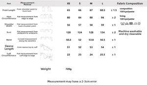 Detailed size chart for women's faux fur jacket with chest and shoulder measurements
