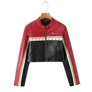 Women Color Block PU Leather Biker Jacket Stand Collar Cropped Faux Leather Motorcycle Coat Rivet Zipper Streetwear Outerwear