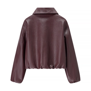 Back view of women's burgundy PU leather jacket with lapels and elastic hem on white background