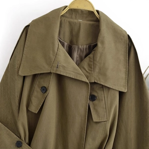 Olive green women's trench coat with sailor collar and button detail in high quality