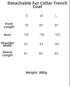 Size chart for women's long coat with detachable fur collar showing measurements from S to L