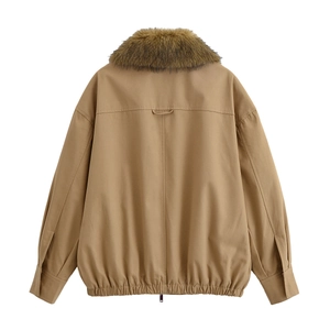 Back view of khaki jacket with premium brown faux fur collar and elastic hem detail