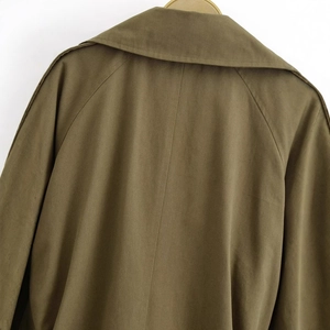 Deep olive green cargo trench coat with classic sailor collar and raglan sleeve design