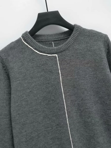 Detailed close-up of dark grey knit sweater with white contrast lines and ribbed collar