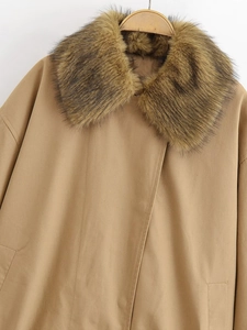 Detail of khaki twill jacket showing dark brown faux fur collar and hidden button design