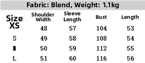 Detailed size chart for women faux fur jacket showing shoulder and chest measurements