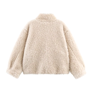 Back view of a creamy white sherpa reversible jacket with stand collar and loose sleeves