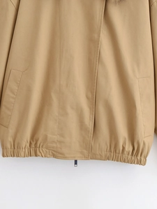 Detail of khaki jacket showing elastic hem, slanted pockets and grey faux fur collar