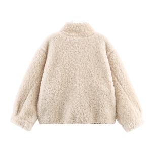 Back view of a creamy white sherpa jacket featuring a soft fleece texture and relaxed fit