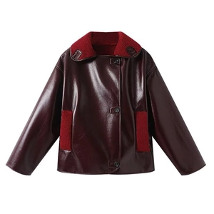 Women Faux Fur Leather Jacket Contrast Color Lapel Fleece Lined Coat Long Sleeve Single Breasted Casual Outerwear Burgundy