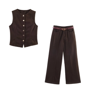 Gilet Di Jeans E Pantaloni A Gamba Larga A Vita Alta Da Donna Gilet Senza Maniche Con Cintura Casual Marrone