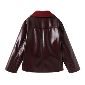 Detail view of the back seams and red faux fur collar on the burgundy PU leather jacket