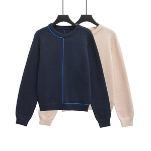 Women's Contrast Color Crew Neck Knit Sweater Geometric Line Pullover Casual Long Sleeve Jumper For Autumn Winter Streetwear