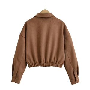 Detail view of the brown faux suede jacket back showing elastic hem and soft texture