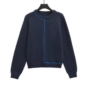 Navy blue crewneck knit sweater with blue asymmetric contrast stitching lines