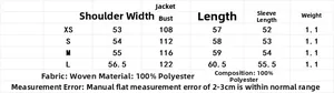 Size chart for women's animal print jacket with detailed S to L measurements and material