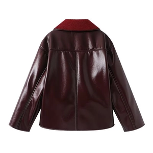 Deep burgundy faux leather jacket with bright red faux fur lapel collar back view