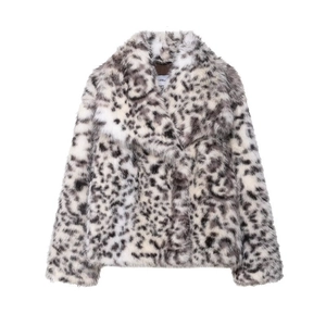 Women Fashion Leopard Print Faux Fur Jacket Lapel Button Down Long Sleeve Winter Warm Coat Animal Print Outerwear Casual