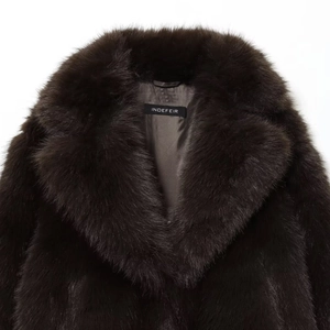 Short dark brown faux fur jacket with wide lapels and a smooth satin lining for women