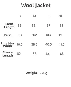 Size chart for double-breasted wool jacket showing length, bust, and sleeve measurements