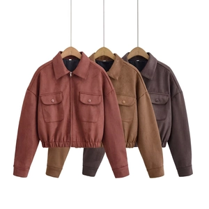 Women Suede Jacket Short Outerwear Lapel Zipper Coat With Chest Pockets Elastic Hem Long Sleeve Retro Casual Fashion
