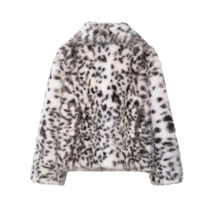 Detail view of faux fur jacket featuring realistic black and white snow leopard pattern