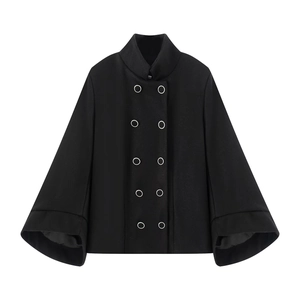 Women Double Breasted Batwing Sleeve Faux Wool Coat Casual Stand Collar Cape Jacket Streetwear Solid Black Winter Outerwear