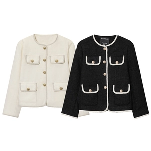 Veste en Tweed Vintage pour Femme Manches Longues Élégante Col Rond Bordure Contrastée Boutons Dorés Streetwear Casual Manteau