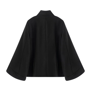 Back view of a black double-breasted cape coat in thick wool-like fabric with stand collar