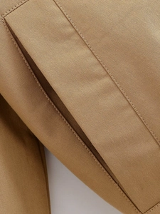Macro shot of khaki jacket showing side pocket detail and reinforced double-row stitching