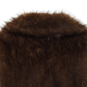 Front view of a dark brown faux fur jacket with thick plush texture and wide collar