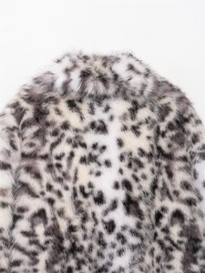 Detail of premium leopard print faux fur jacket showing texture on collar and shoulder