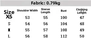 Size chart for faux leather jacket showing measurements for XS to L sizes in centimeters
