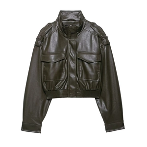 Women Faux Leather Bomber Jacket Stand Collar Deep Olive Green Long Sleeve Casual PU Leather Streetwear Outerwear Coat