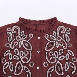 Women's burgundy embroidered blouse with ruffle collar and floral chest pattern